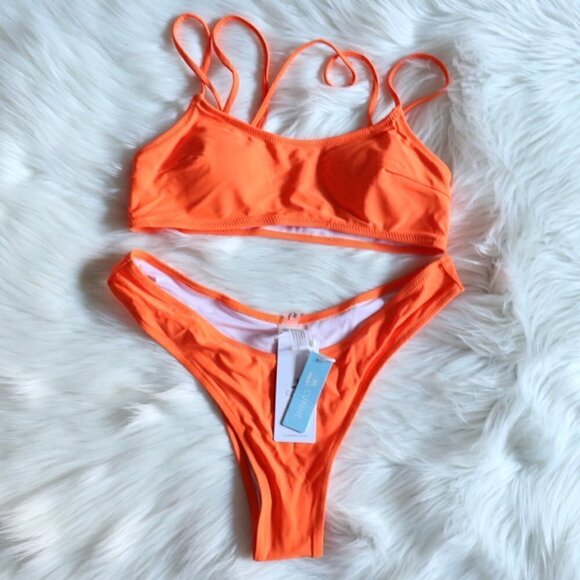 NEW Neon Orange Two Piece Bikini Bathing Suit Set Size XL - Picture 3 of 9